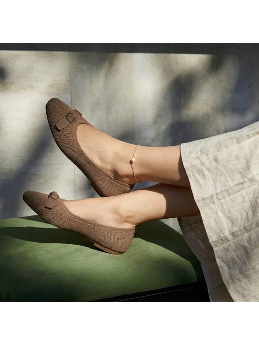 Frank Mully Women's Brown Solid Rubber Knit Squared Toe Bow Slip On Ballet Flats